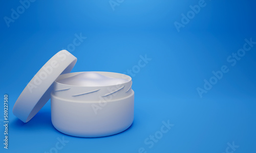 3d illustration, face cream, in plastic container, cosmetic concept, blue background, copy space, 3d rendering photo