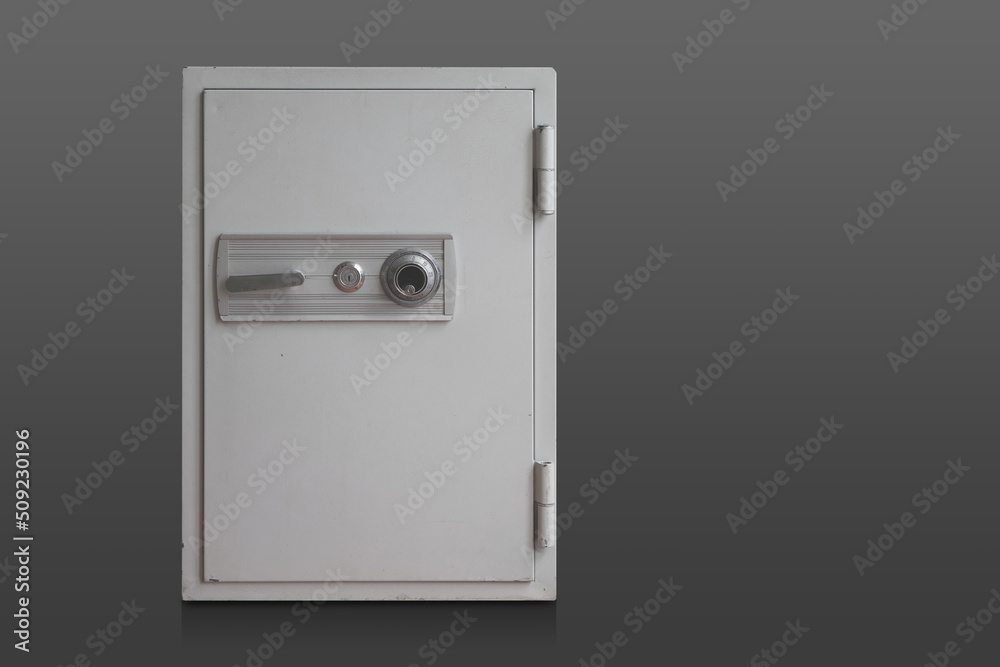 front view antique white and silver steel save box on grey background, object, furniture, money, safety, template, banner, copy space front view antique white and silver steel save box on grey background, object, furniture, money, safety, template, banner, copy space