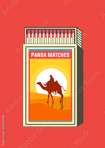 matchbox old style design template vector illustration or Matchbox and matches vector illustration. Vintage and unique matchbox packaging design illustration. camel riding icon