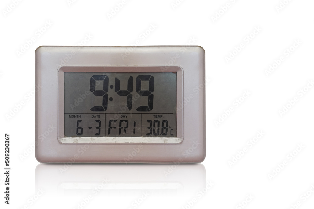 front view old silver rectangular clock on white background, object, technology, decor, home, house, modern, copy space front view old silver rectangular clock on white background, object, technology, decor, home, house, modern, copy space