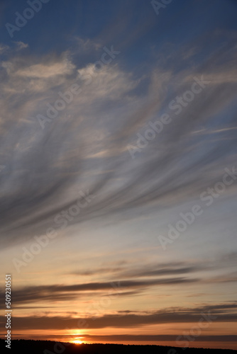 Evening sunset and sun with clouds and horizon