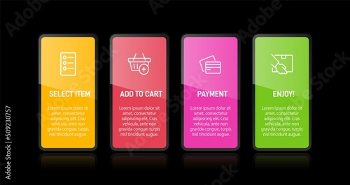 Concept of shopping process with 4 successive steps. Four colorful graphic elements. Timeline design for brochure, presentation, web site. Infographic design layout.
