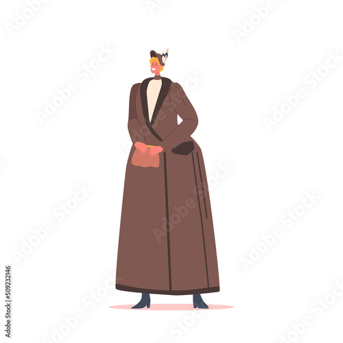 Pretty Vintage Woman, Beautiful 19th Century Lady Wear Elegant Gown and Hat Isolated on White Background