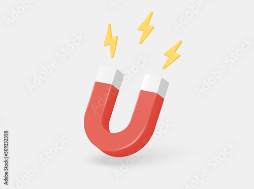 3d red magnet and lightning for attraction on a white background. magnet concept for business investment, income and financial savings, money making. 3D render of vector illustration photo