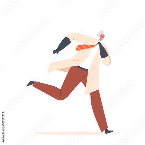 Crazy Professor Wear Lab Coat and Rubber Gloves Run Isolated on White Background. Nuts Doctor Character, Old Scientist