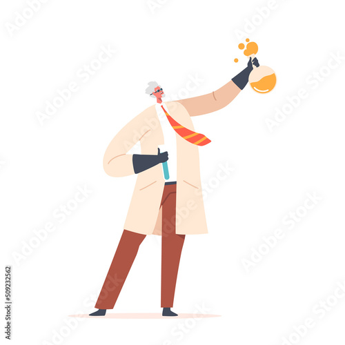 Crazy Professor Holding Chemical Beakers with Liquid Reagent, Nuts Scientist Character Conduct Experiment in Laboratory
