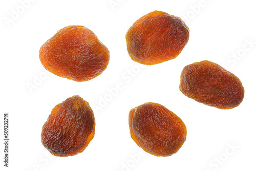 Set of dried apricots isolated on white background, top view.