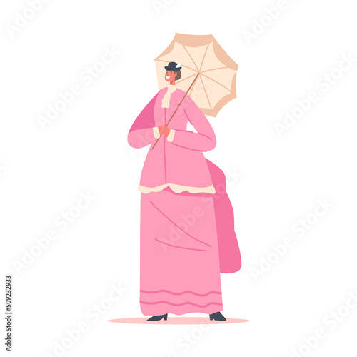 19th Century Lady Wear Elegant Gown, Umbrella and Hat Isolated on White Background. Victorian English or French Woman