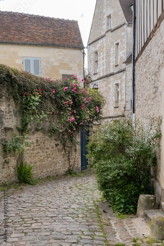 Senlis  medieval city in France  typical street with ancient houses 