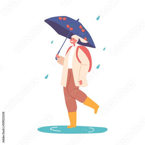 Happy Schoolgirl Walk under Umbrella at Autumn Season. Smiling Female Character in Warm Clothes and Rubber Boots