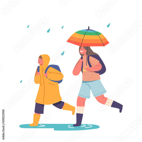 Happy Kids Run under Umbrella, Boy in Raincoat and Girl Characters with Backpacks Walking at Rainy Weather to School