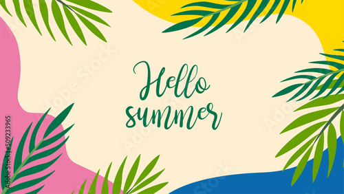 Banner design with summer tropical leaves and abstract shapes. Palm leaves vector illustrtion. Background design for social media, greeting cards, invitations, postcards.