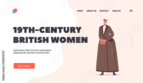 19th Century British Women Landing Page Template. Lady Wear Elegant Vintage Gown and Hat. Victorian Female Fashion