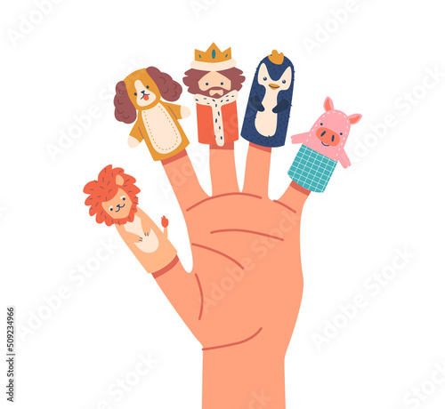 Tablou canvas Hand Toys, Finger Puppets Lion, Dog, King, Penguin and Pig Characters for Baby Theatre Show