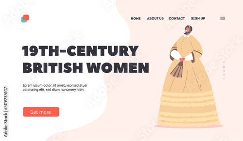 19th Century British Woman Landing Page Template. Elegant Victorian Lady Wear Vintage Gown and Hat Hold Fan in Hands