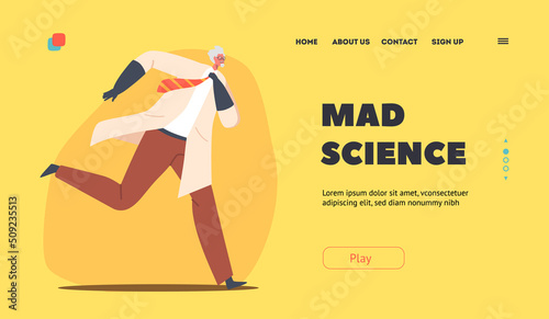 Mad Science Landing Page Template. Crazy Professor Wear Lab Coat and Rubber Gloves Run. Nuts Doctor Character, Scientist