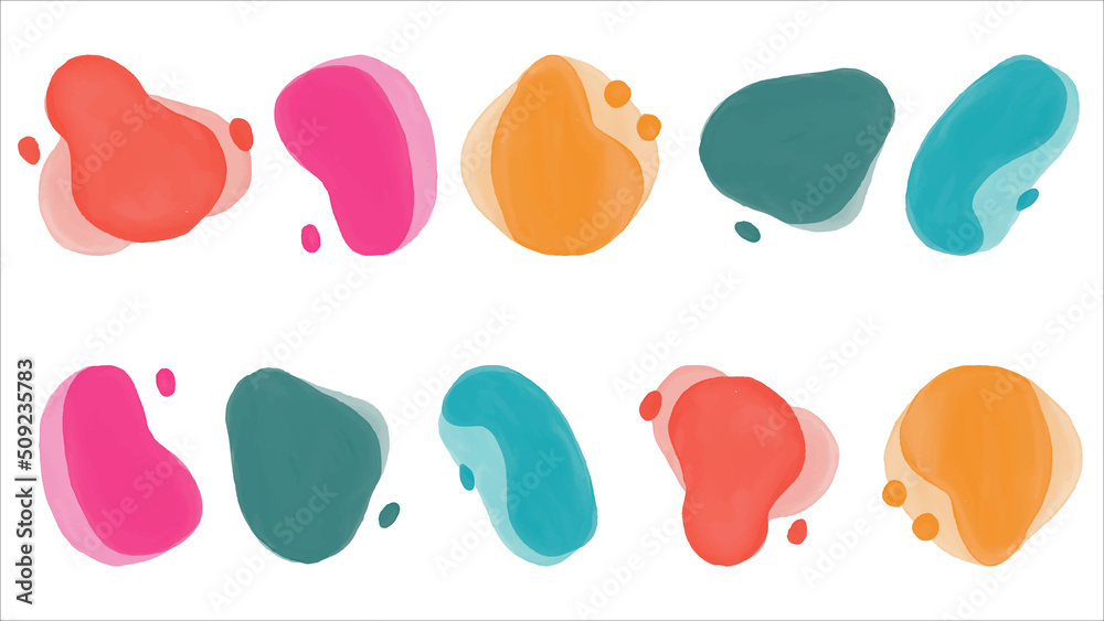 Set of colorful vector splash shaped watercolor liquid backgrounds for WEB and APP design. Isolated vector elements. Rounded digital shapes of water. Landing page design elements.