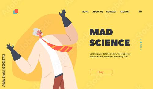 Mad Science Landing Page Template. Evil Professor Laughing, Crazy Doctor Character in Lab Coat and Rubber Gloves