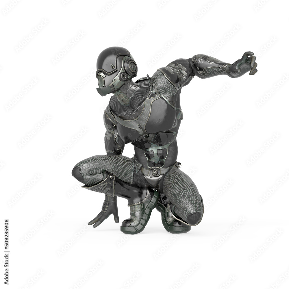 futuristic astronaut is crouched ready to jump in white background futuristic astronaut is crouched ready to jump in white background