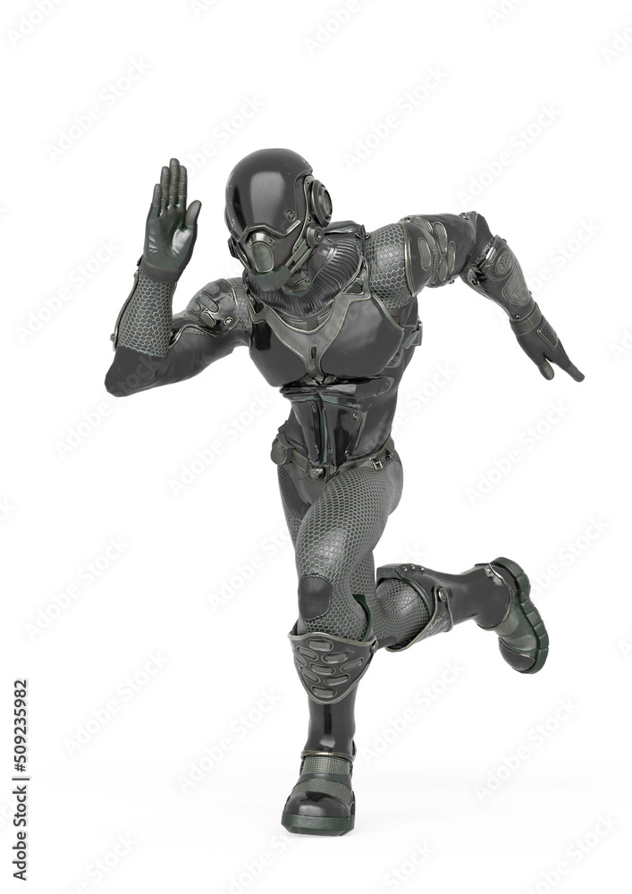 futuristic astronaut is running fast in action on white background futuristic astronaut is running fast in action on white background