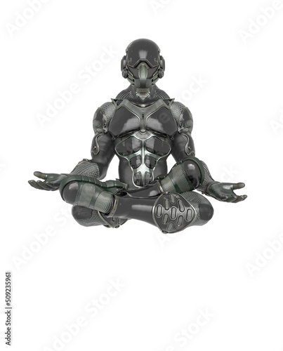 futuristic astronaut is floating and meditating doing yoga in white background