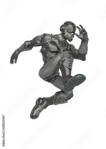 futuristic astronaut is jumping in action on white background