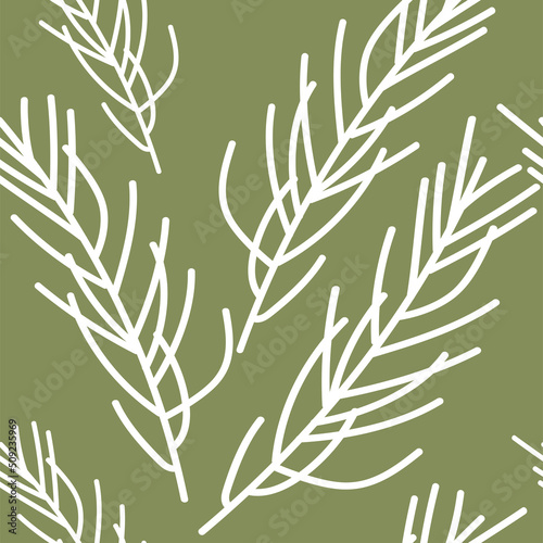 Vector. Merry Christmas, New Year seamless pattern. Design template for typographic products. Winter background for wrapping paper, greeting cards, textiles, branding. Simple hand drawn spruce branch.