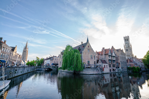 Canal in Bruges and Belfry tower - Houses and Streets - Bruges, Belgium - the city centre