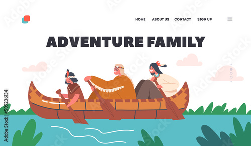 Family Adventure Landing Page Template. Native Indian American Kids Canoeing, Children Rowing in Wooden Canoe Boat