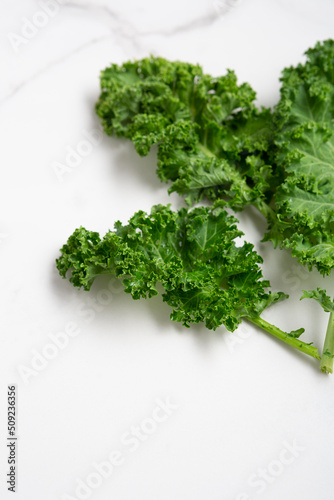 Green kale leaves on white surface food vegan