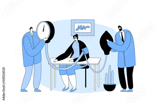 Doctors Characters Measuring Arterial Blood Pressure with Tonometer to Senior Woman Sit at Table. Health Care Check Up