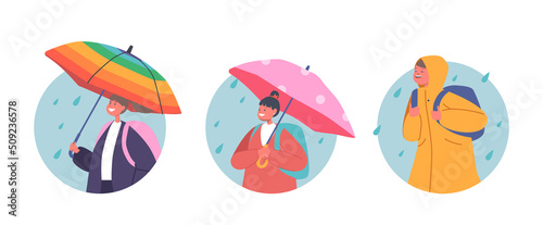 Happy Kids under Umbrella Isolated Round Icons. Little Boys and Girls Characters with Backpacks, School Children Avatars