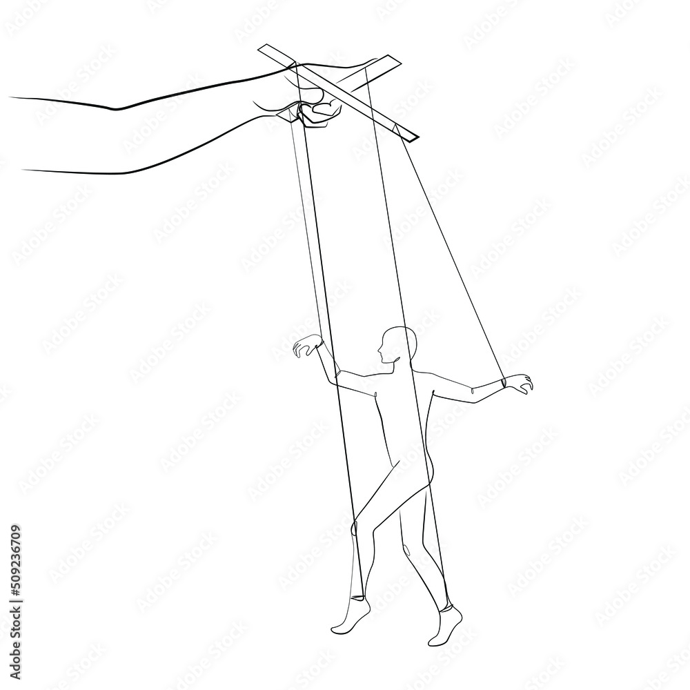Puppet man and the hand that controls him one line drawing on white