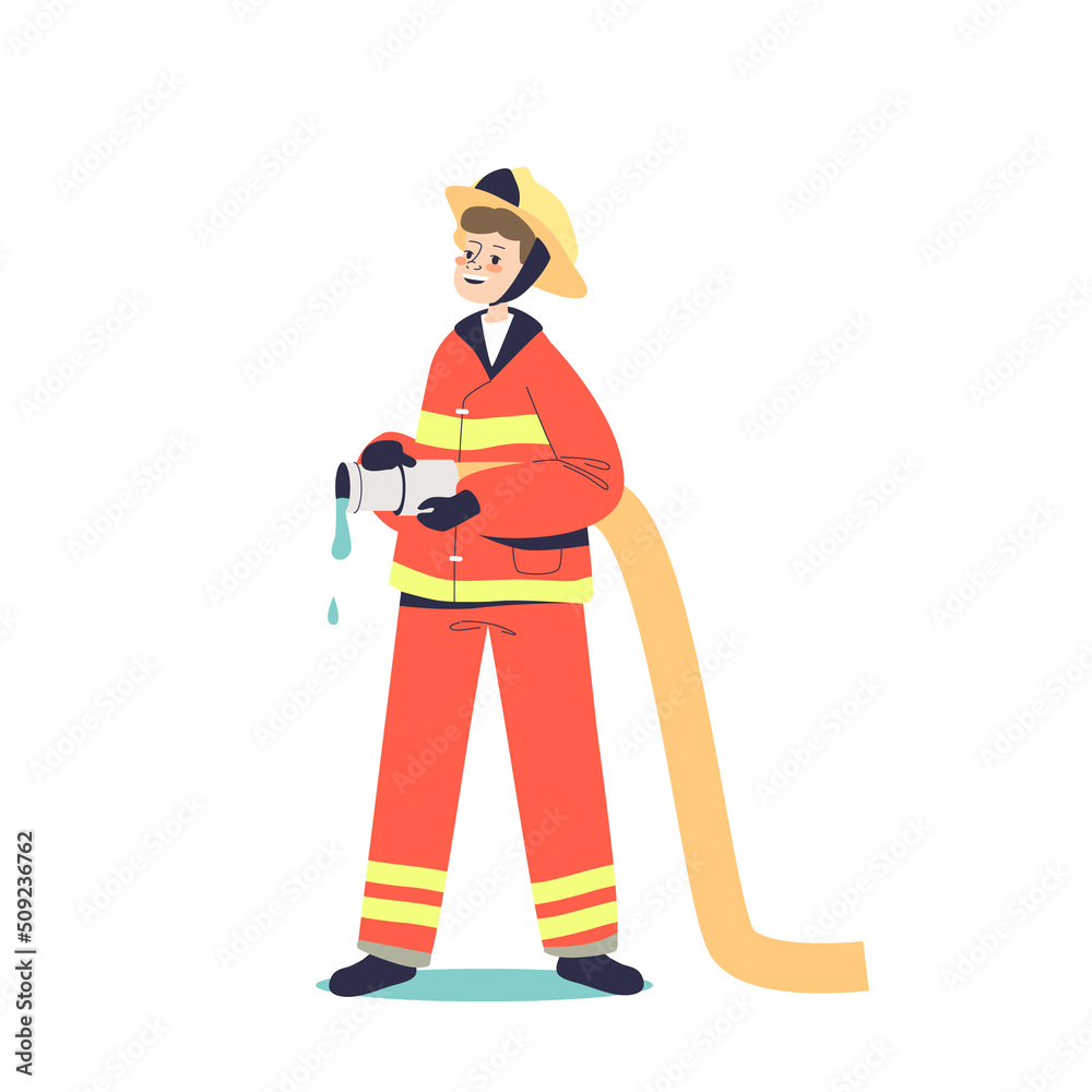 Kid fireman. Small boy child in red uniform holding water hydrant hose work as firefighter