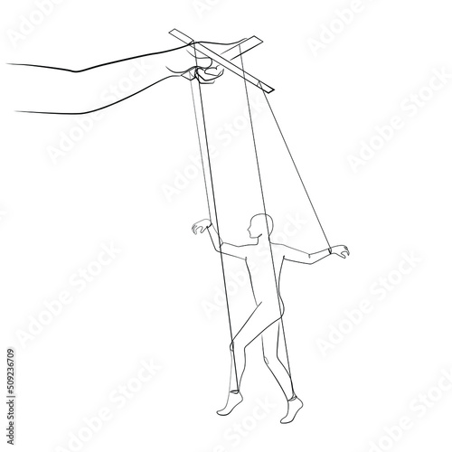 Puppet man and the hand that controls him one line drawing on white isolated background
