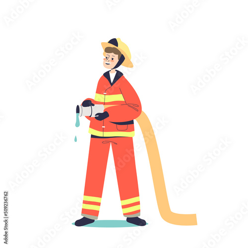 Kid fireman. Small boy child in red uniform holding water hydrant hose work as firefighter