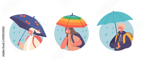 Happy Kids under Umbrella Isolated Avatars or Round Icons, School Boys and Girls Characters with Backpacks