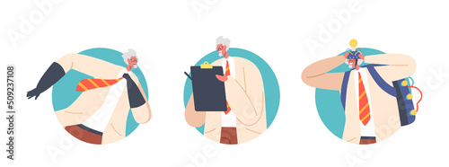 Crazy Professor Avatars, Nuts Doctor Isolated Icons. Loony Character Wear Lab Coat and Rubber Gloves Conduct Experiment