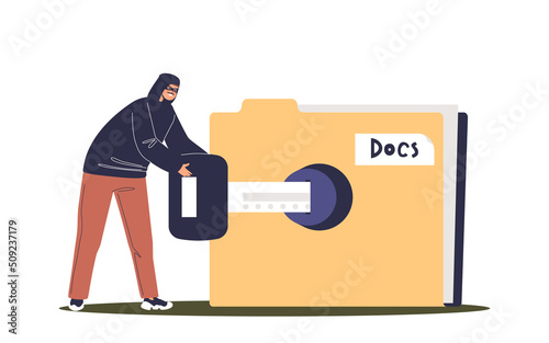 Criminal or cracker wearing black clothes and mask stealing personal information from data folder