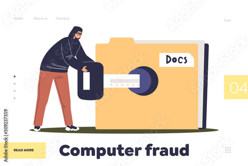 Compiter fraud concept of landing page with criminal stealing personal information from data folder