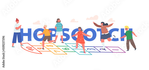 Hopscotch Concept. Children Boys and Girls Characters Play Hopscotch Game at House Yard. Happy Kids Summer Vacation