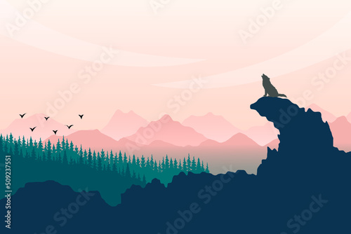 Wallpaper in natural concept. Peaceful landscape. Vector illustration. Minimalist style. Monotonous colors. Silhouettes of mountains. Slopes, relief. Panoramic image.