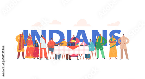 Indians Traditions Concept. Indian Family Wear National Clothes, Young Smiling Male and Female Characters Life