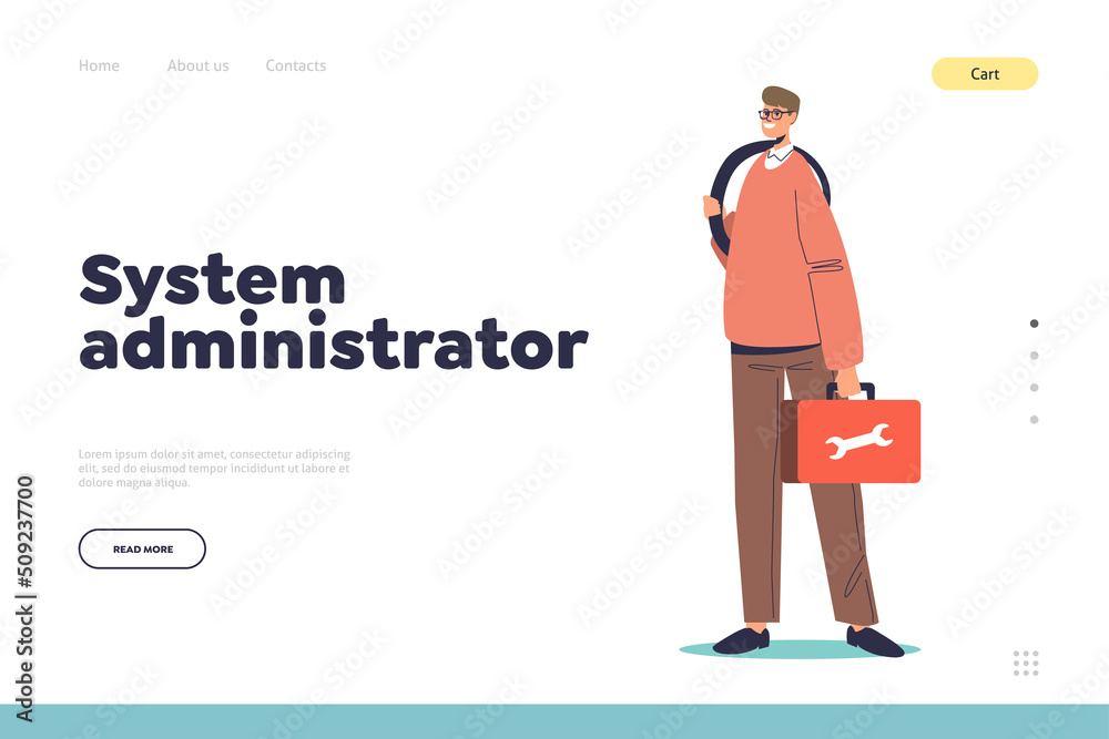 System administrator concept of landing page with worker ready to fix computer and server