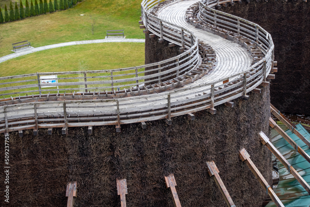 The pavement at the top of the wooden brine graduation tower. Picture taken on a cloudy day, natural soft light