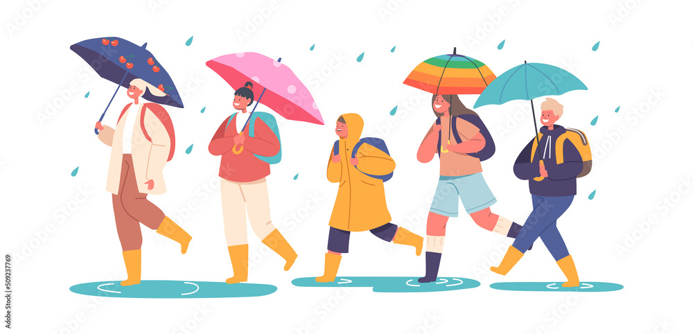 Happy Kids Walk under Umbrella, Little Boys and Girls Characters in Warm Clothes with Backpack Walking by Puddles