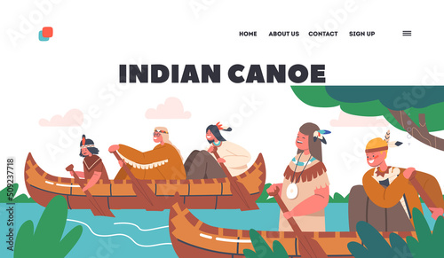 Indian Canoe Landing Page Template. Native American Children Canoeing Sparetime, Indigenous Kids Characters on Kayak