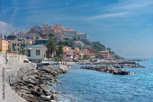A picturesque and colorful villages of Borgo Foce, Borgo Marina Provincia of Imperia. It is bay along the walk of lovers. Imperia. Porto Maurizio. Liguria. Italy 10 May 2022 photo