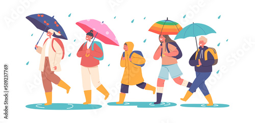 Happy Kids Walk under Umbrella, Little Boys and Girls Characters in Warm Clothes with Backpack Walking by Puddles