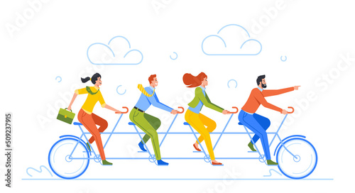 Business Team Riding Tandem Bicycle. Business Men and Women on Bike, Concept of Teamwork Cooperation, Leadership
